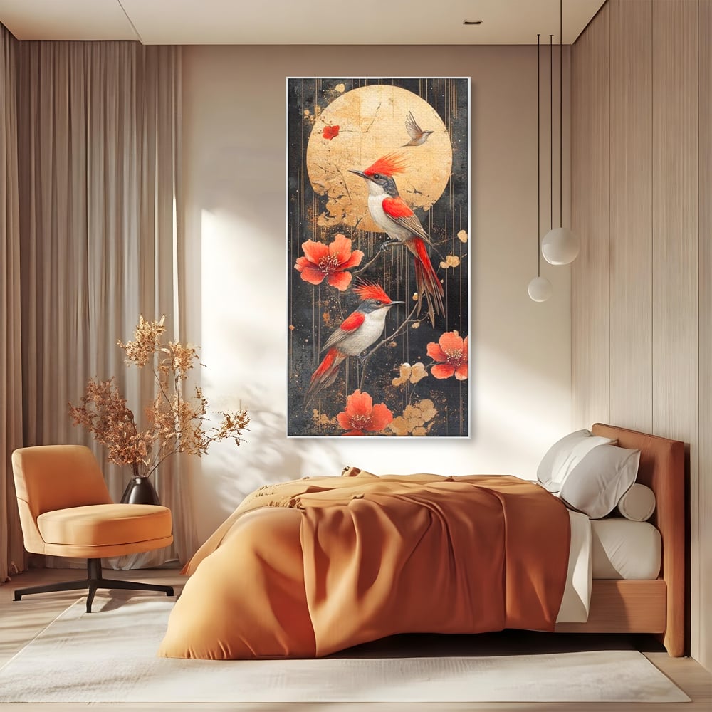 Tablou canvas cu tablou canvas cu pasari si flori rosii, in rama de aluminiu argintiu, pe perete intr-un dormitor